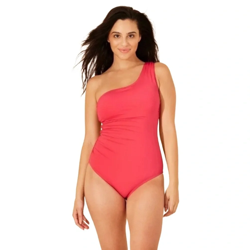 shade and shore one piece one shoulder red swimsuit
